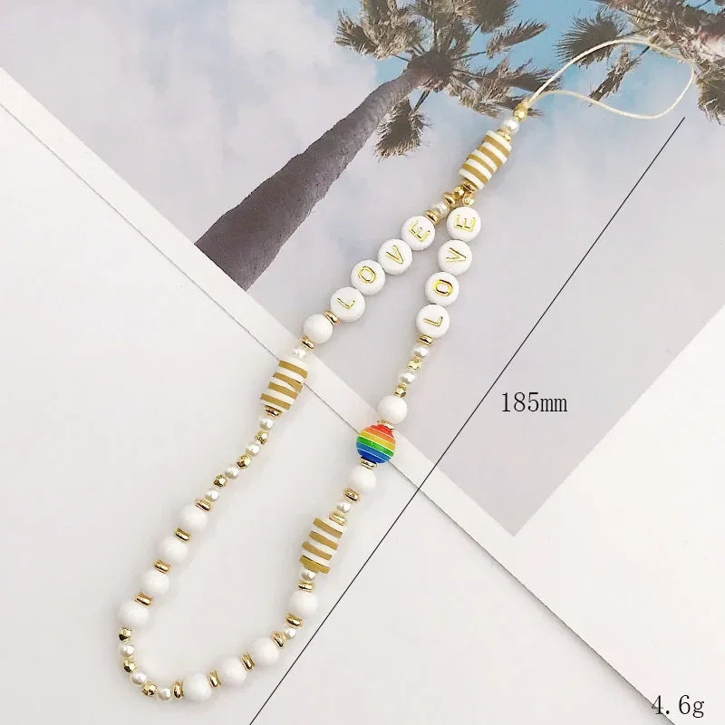 Bohemian Butterfly Soft Pottery Phone Chain Lanyard DIY Letters LOVE Pearl Beaded Phone Case Rope Charm Jewelry Accessories 2023