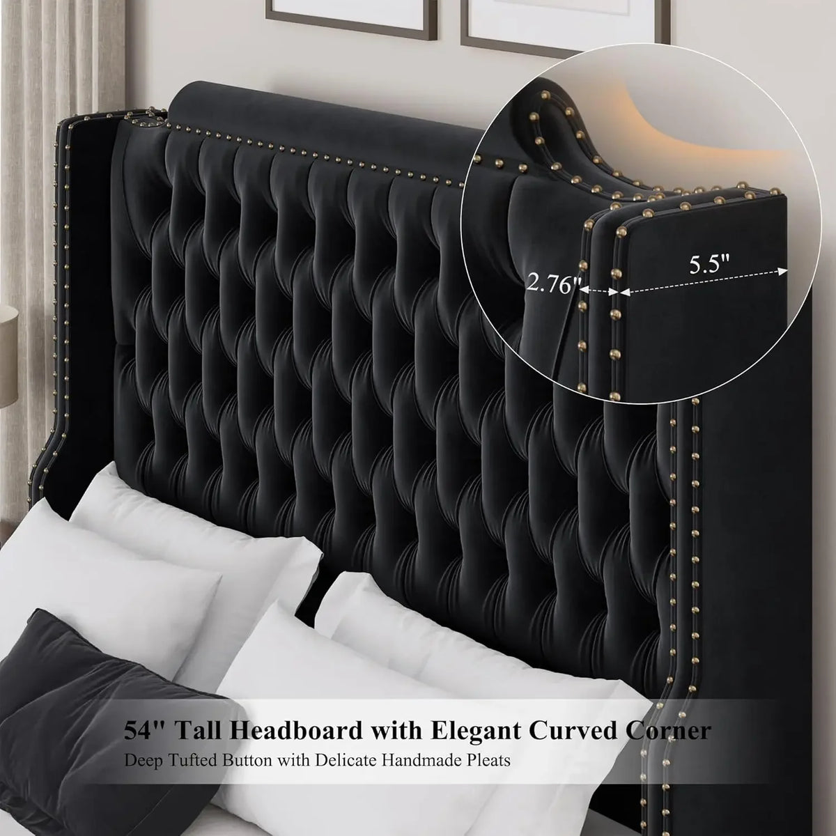 Queen Size Platform Bed Frame with 54" Tall Wingback Headboard & Deep Button Tufted Footboard, Velvet Upholstered Bed Fr