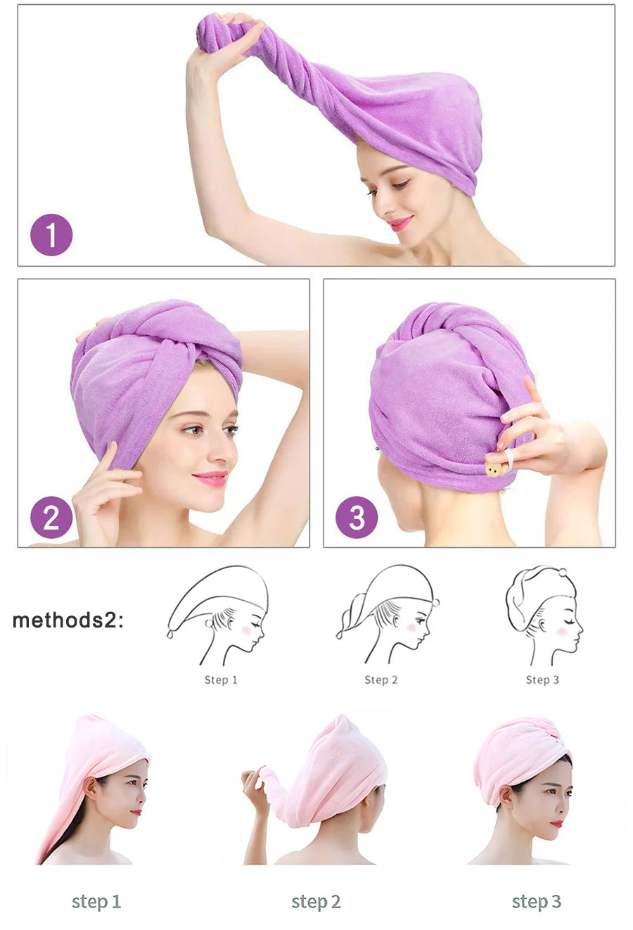 Bath Towel And Turban Hair Towel For Women With Lovely One Pocket Wearable Microfiber Towels 2 Pcs/Set Bathroom Accessories