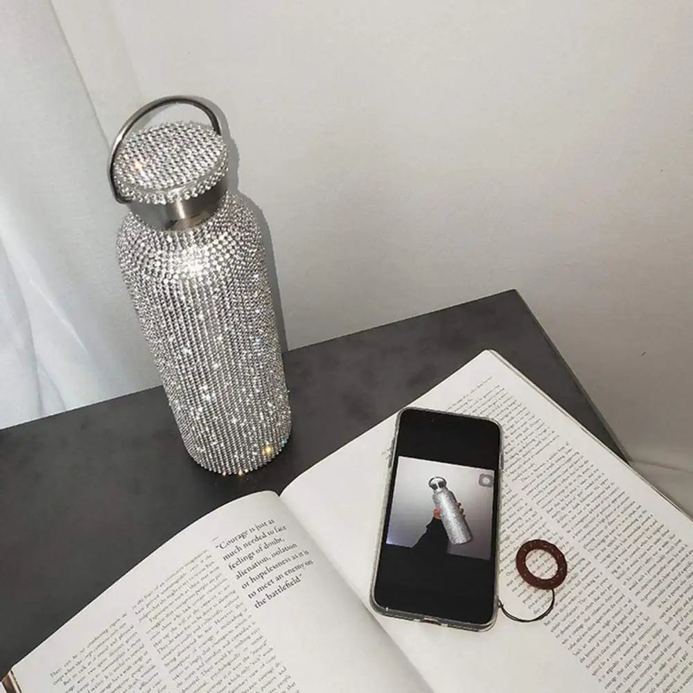 350ml/500ml/750ml Stainless Steel Insulated Vacuum Cup Rhinestone Decor Flask Bottle Drinking Kettle Thermal Mug Outdooor Travel