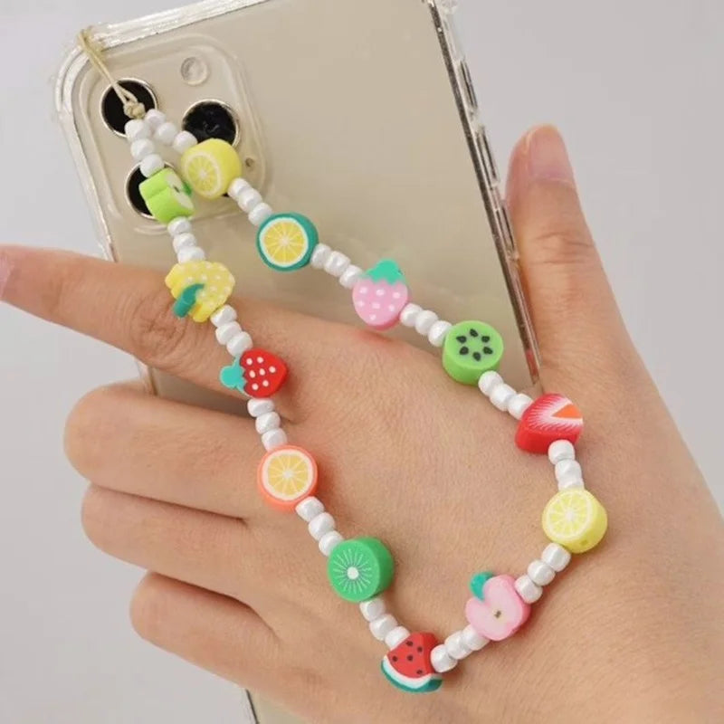 Simple Clay Fruit Charm Phone Chain Jewelry for Women Phone Lanyard Acrylic Resin Evil Eye Star Phone Case Strap DIY Accessories