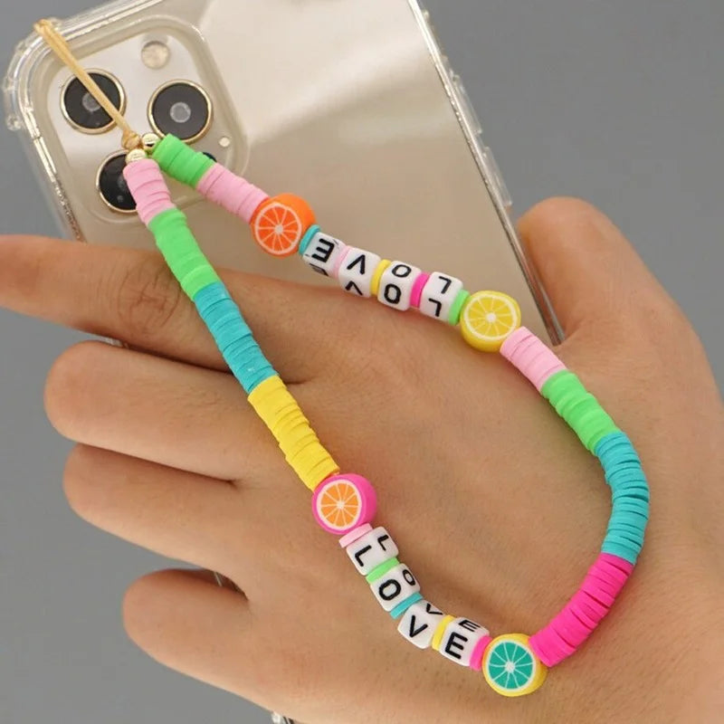 Simple Clay Fruit Charm Phone Chain Jewelry for Women Phone Lanyard Acrylic Resin Evil Eye Star Phone Case Strap DIY Accessories