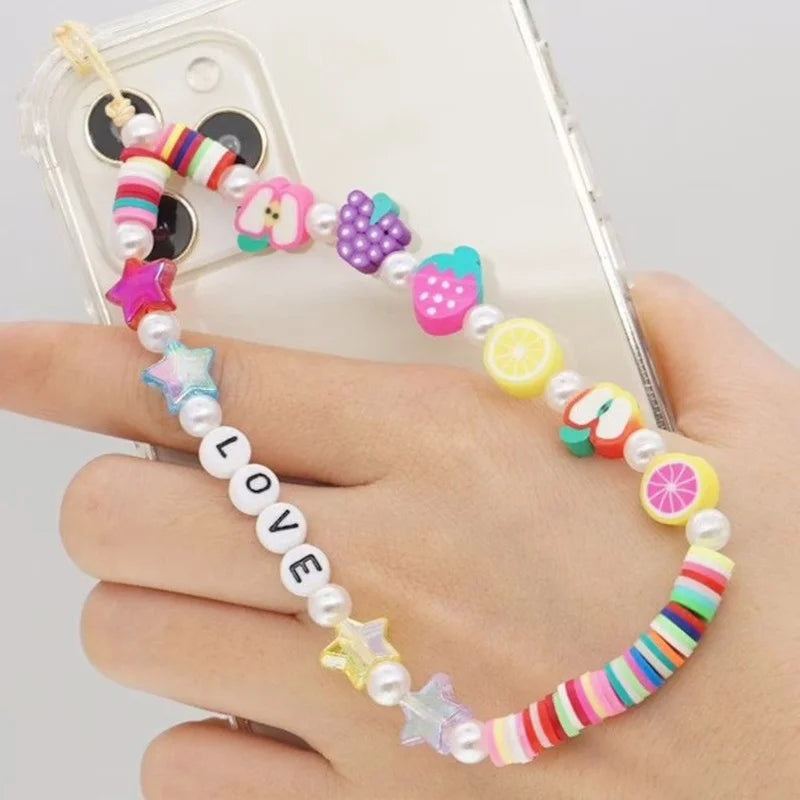Simple Clay Fruit Charm Phone Chain Jewelry for Women Phone Lanyard Acrylic Resin Evil Eye Star Phone Case Strap DIY Accessories