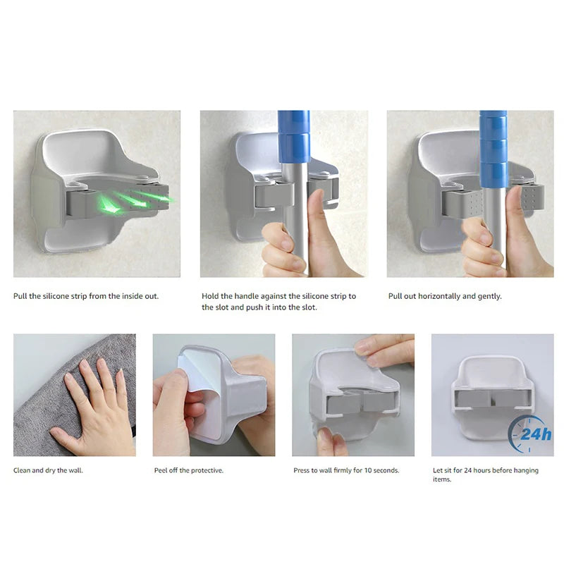 Multi-Purpose Hooks Adhesive Wall Hanging Mop Rack Bathroom Mop Organizer Holder Waterproof Broom Hanger Organizer Accessories