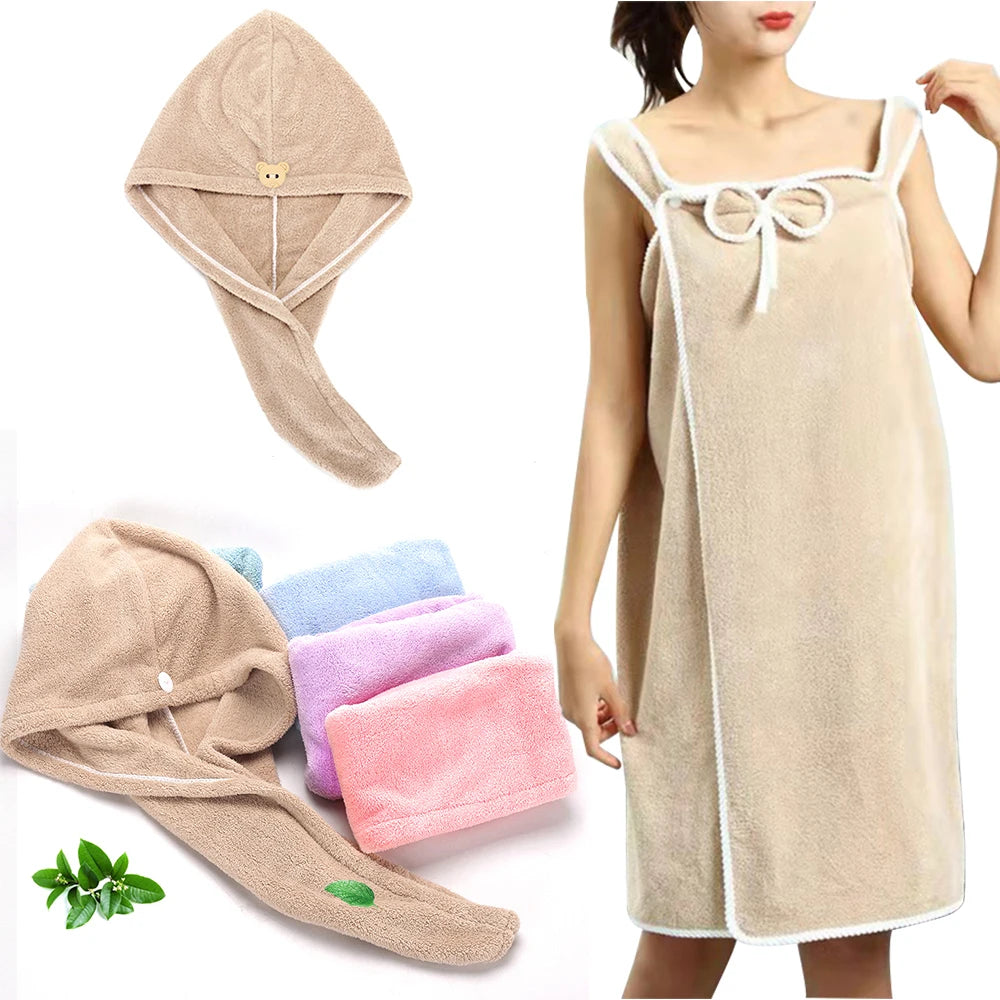Bath Towel And Turban Hair Towel For Women With Lovely One Pocket Wearable Microfiber Towels 2 Pcs/Set Bathroom Accessories
