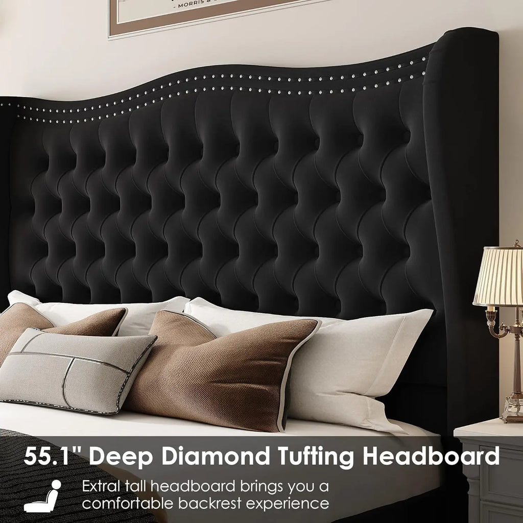 Queen Bed Frame, 55" Headboard Upholstered Bed with Tall Footbaord, Velvet Handmade Pleats Deep Button Tufted Wingback P