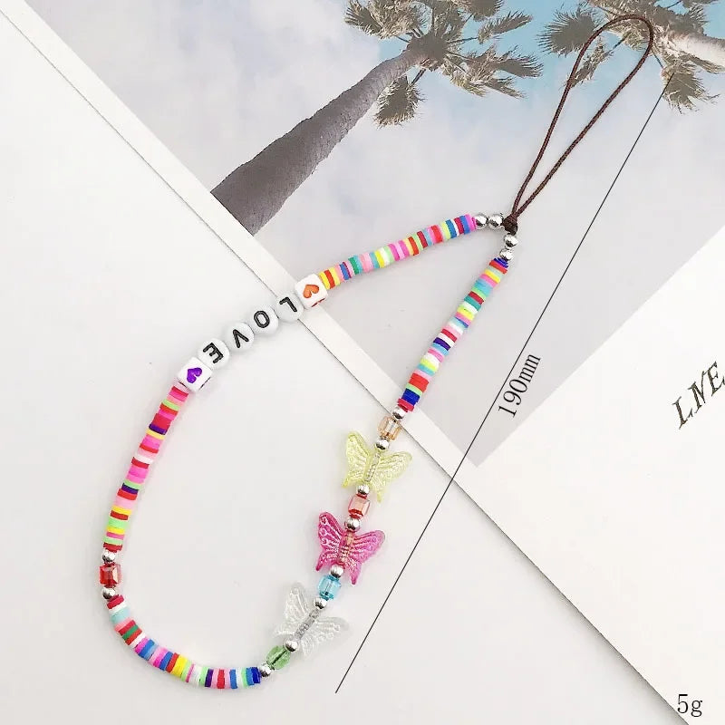Bohemian Butterfly Soft Pottery Phone Chain Lanyard DIY Letters LOVE Pearl Beaded Phone Case Rope Charm Jewelry Accessories 2023