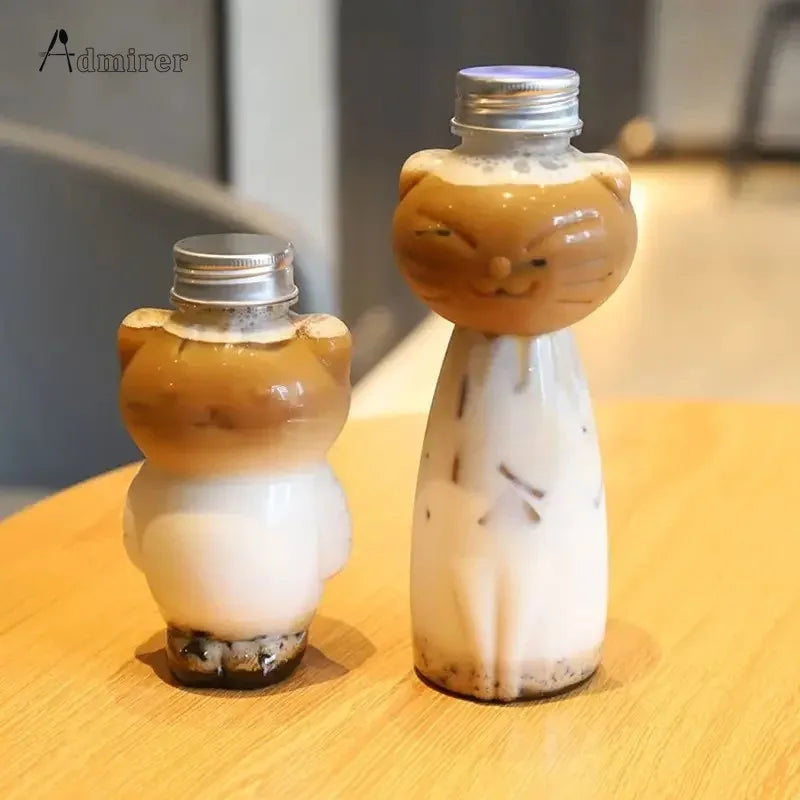Kawaii Cat Water Bottles for Milk Tea Coffee Juice Portable Drinking Cup Home Transparent Juicing Beverage Drink Bottle Supplies