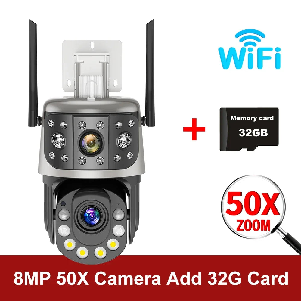 8MP Outdoor Wifi 50X Optical Zoom PTZ Camera Dual Screen Auto Tracking IP Video Surveillance Camera CCTV Two Way Audio ICSEE