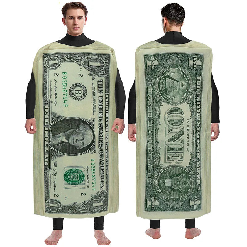 Adult 1 Dollar Bill Costume Carnival Party Jumpsuit Funny Sponge Print Outfit Money Fancy Dress Cosplay Clothes Novelty Gifts