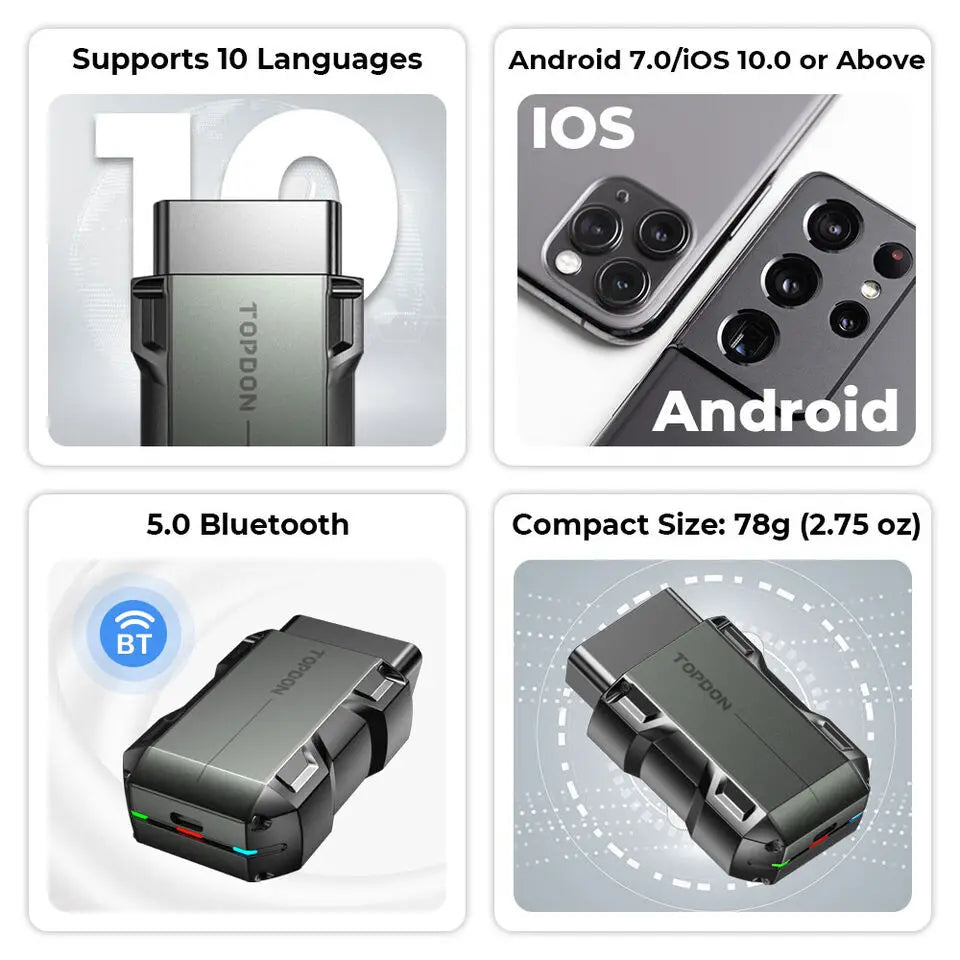TOPDON Topscan Lite OBD2 Bluetooth Car Diagnostic Scanner Tool 28 Reset Functions Wireless Full System Code Reader Active Test