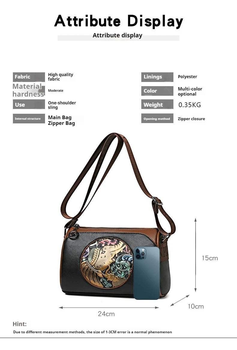 New Fashion Women's Shoulder Bag Brand Elephant Embroidery Women's Crossbody Bag Wallet High Quality Leather Girls' Cushion Bag