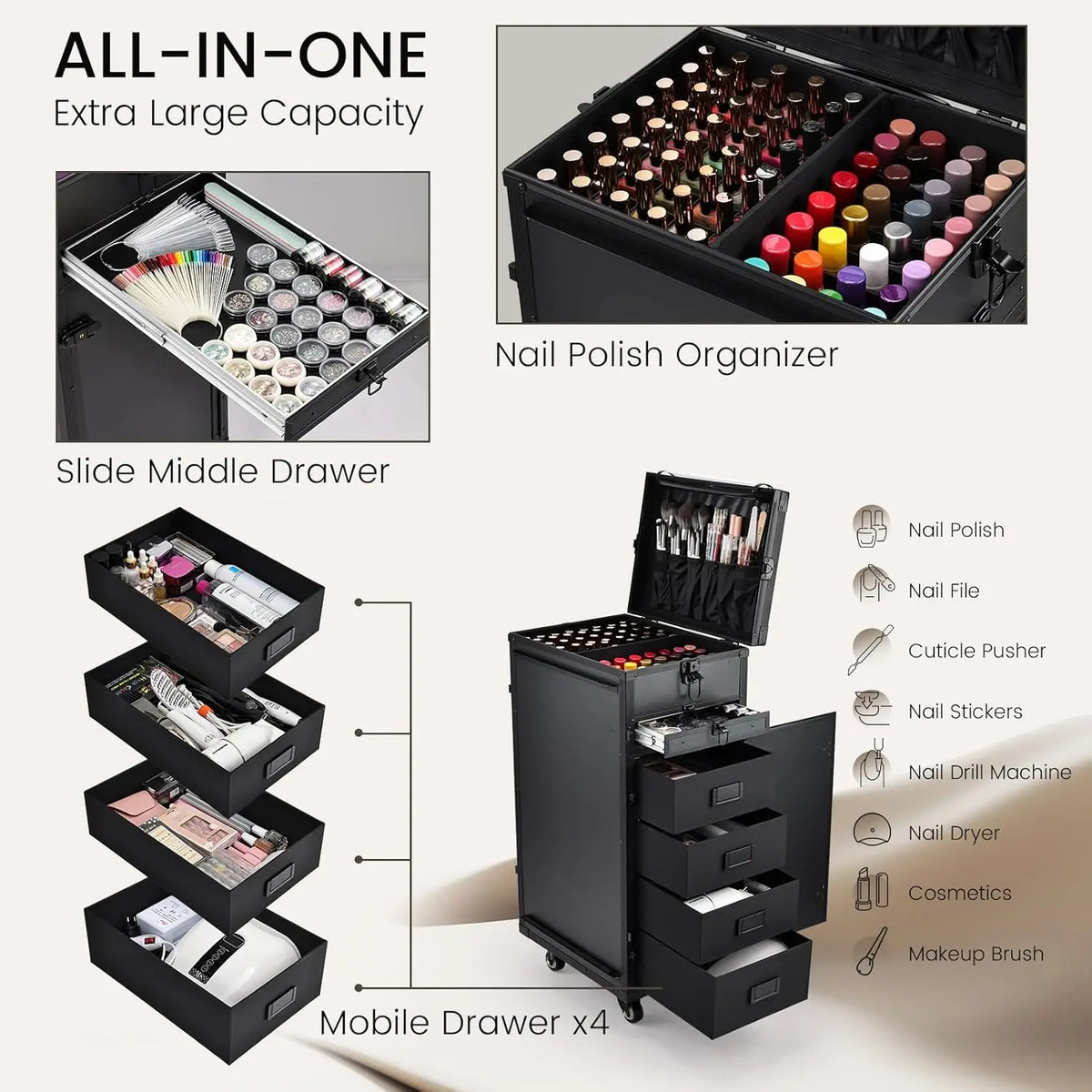 Rolling Manicure Table 5 Drawers Makeup Case Foldable Nail Desk Cosmetology Case on Wheels with Brush Pouch for Technician Works