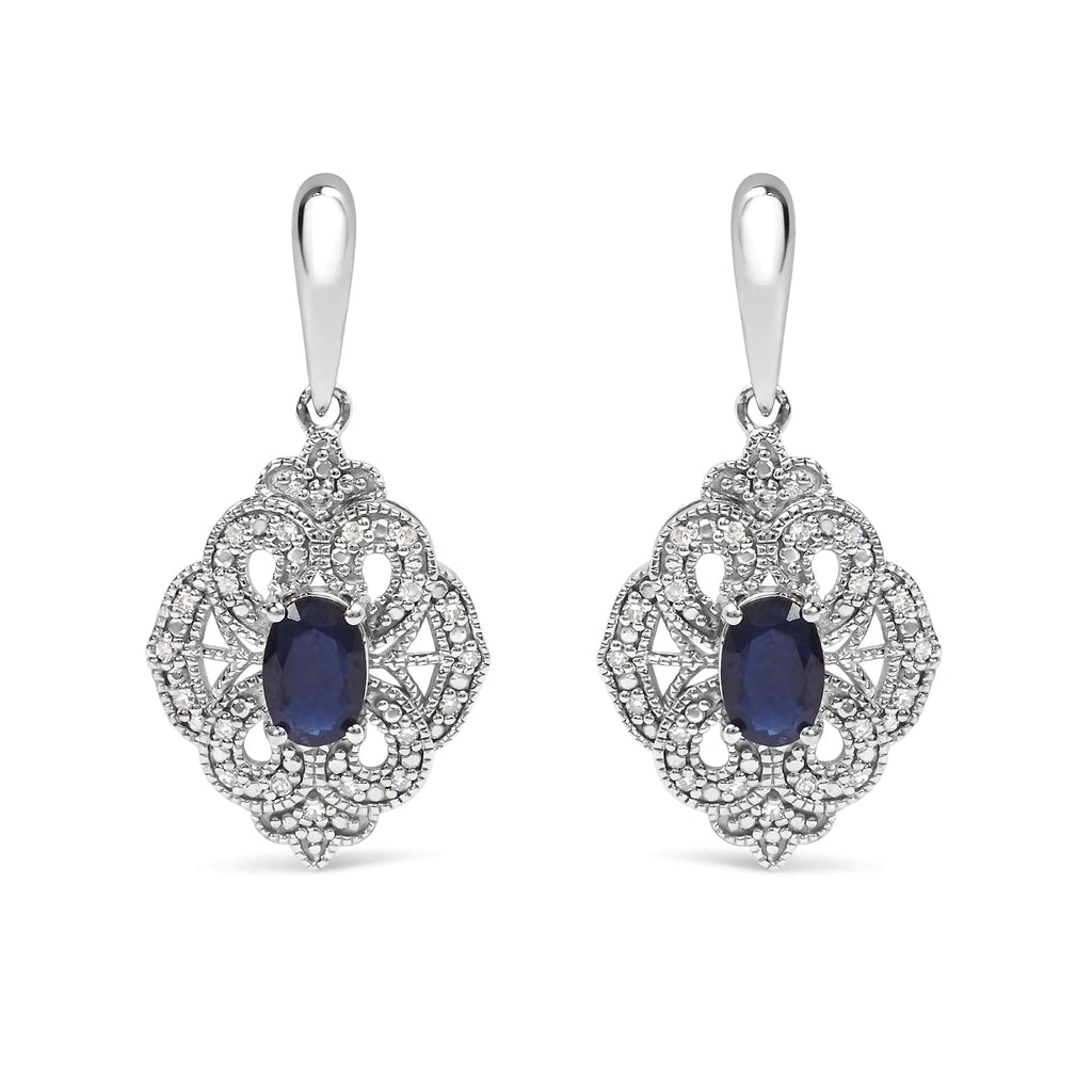 Boucles d'oreilles pendantes de style Art déco en argent sterling 925 avec saphir bleu ovale de 6 x 4 mm et accents de diamants blancs (couleur IJ, clarté I3)