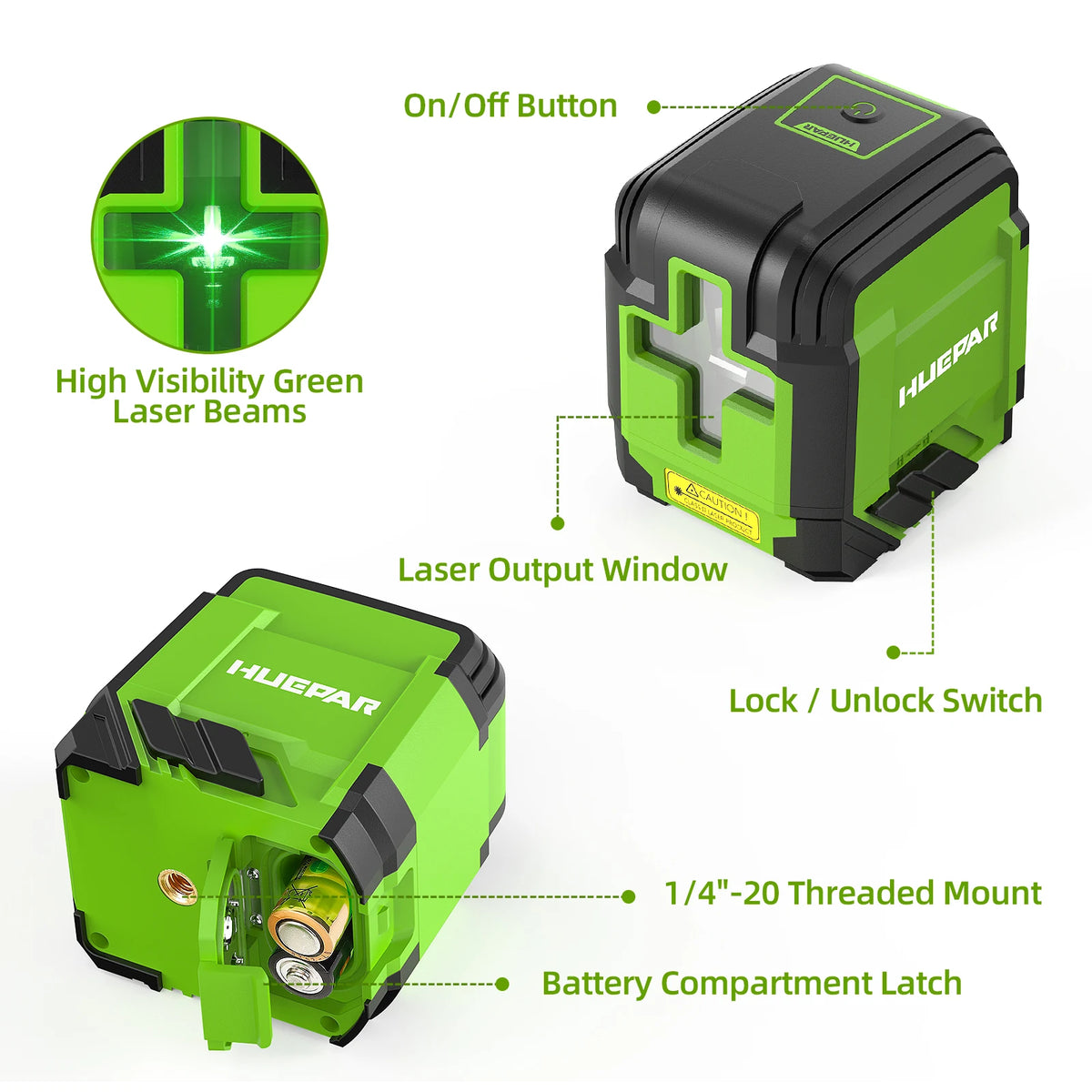 Huepar 2 Lines Laser Level Osram Green Beam Self-Leveling Horizontal & Vertical Cross Line Laser Leveling Tools Set With Tripod