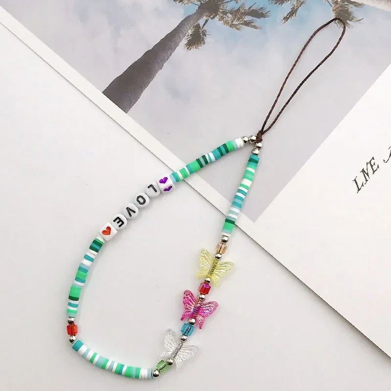 Bohemian Butterfly Soft Pottery Phone Chain Lanyard DIY Letters LOVE Pearl Beaded Phone Case Rope Charm Jewelry Accessories 2023