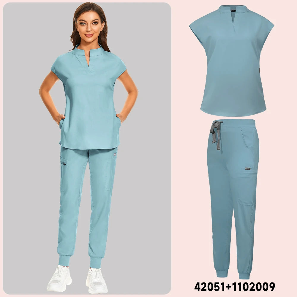 Plus Size Scrubs Set Women Medical Nurse Uniforms Stand Neck V-cut Scrub Top Jogger Pants Vet Doctor Healthcare Workers Workwear