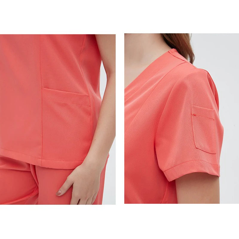 Jewel Collar Medical Scrub Uniform Solid Color Dental Clinic Nursing Sets Stretch Heathy Care Center Woking Clothes LMW008-01