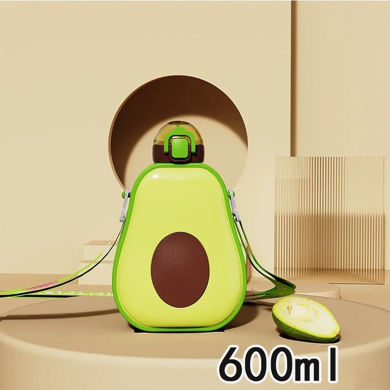 600ML Creative Water Bottle with Straw Cute Avocado Plastic Children's Water Cup Portable Outdoor Sports Travel Beverage Drinkis