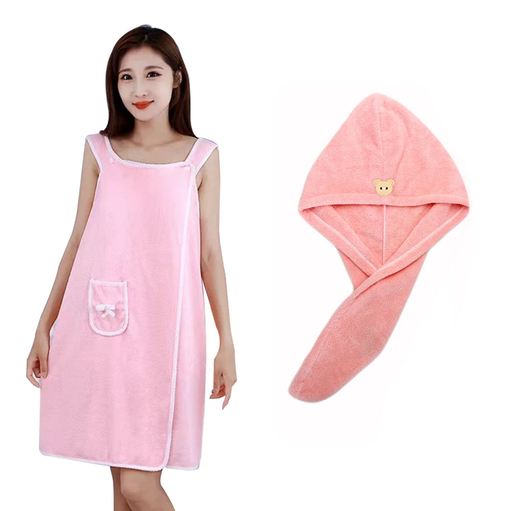 Bath Towel And Turban Hair Towel For Women With Lovely One Pocket Wearable Microfiber Towels 2 Pcs/Set Bathroom Accessories
