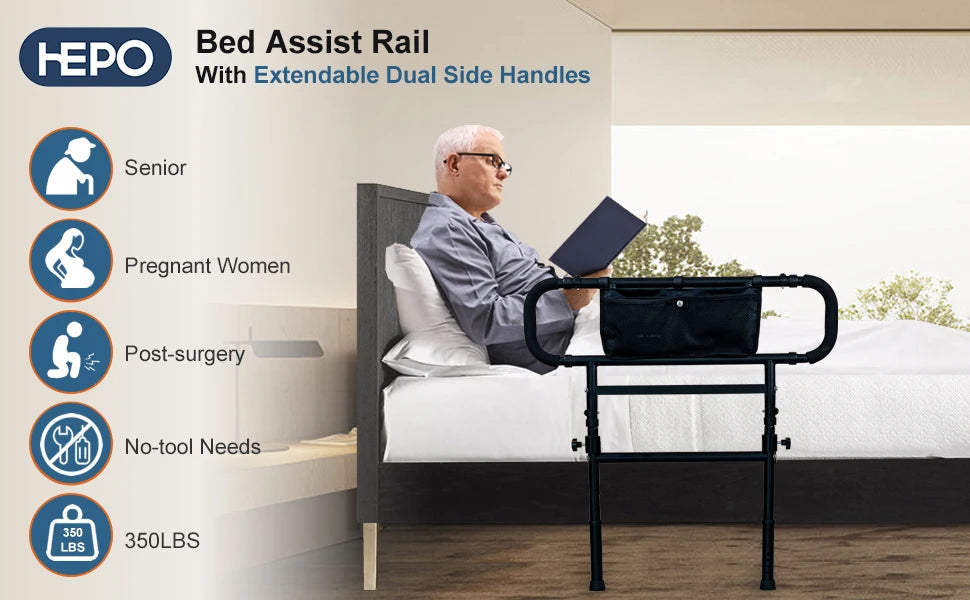Adjustable Bed Rails for Elderly Adults Safety with Motion Light,Foldable Heavy Duty Bed Rail with Extended Grab Bar,Pouch Bag