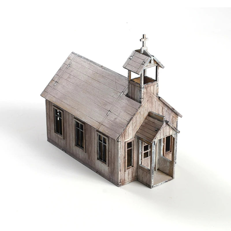 1/72 Miniature Simulation Church/Gas Station Building Model Wooden Architecture Materials Diy Handmade Toy Gift For Child 1Pcs