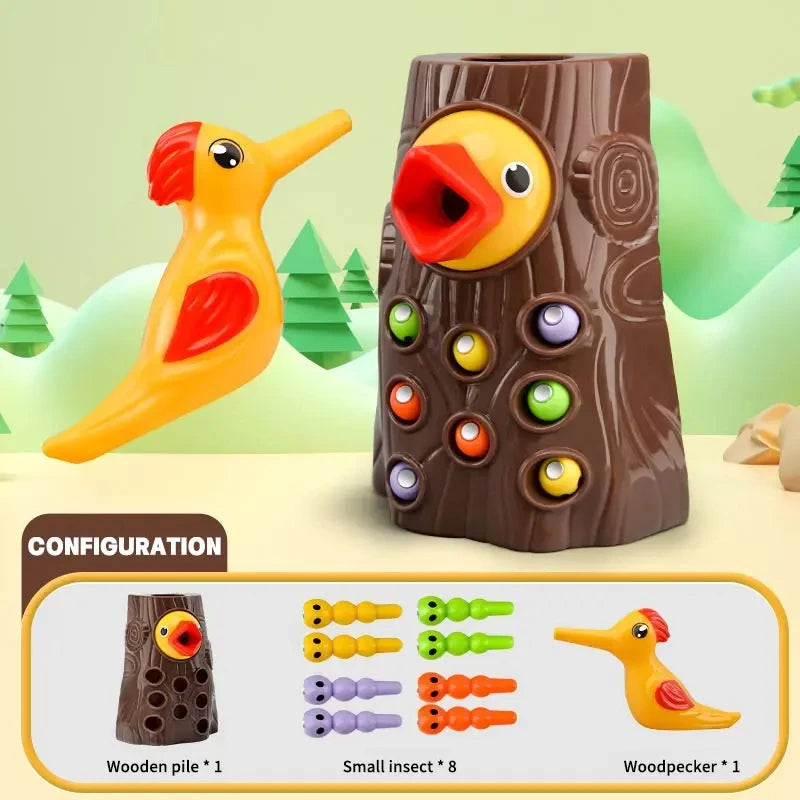 Montessori Toy Woodpecker Magnetic Catch Worm Bugs Small Birds Feeding Game Toys for Children Kids Early Educational Family Toys