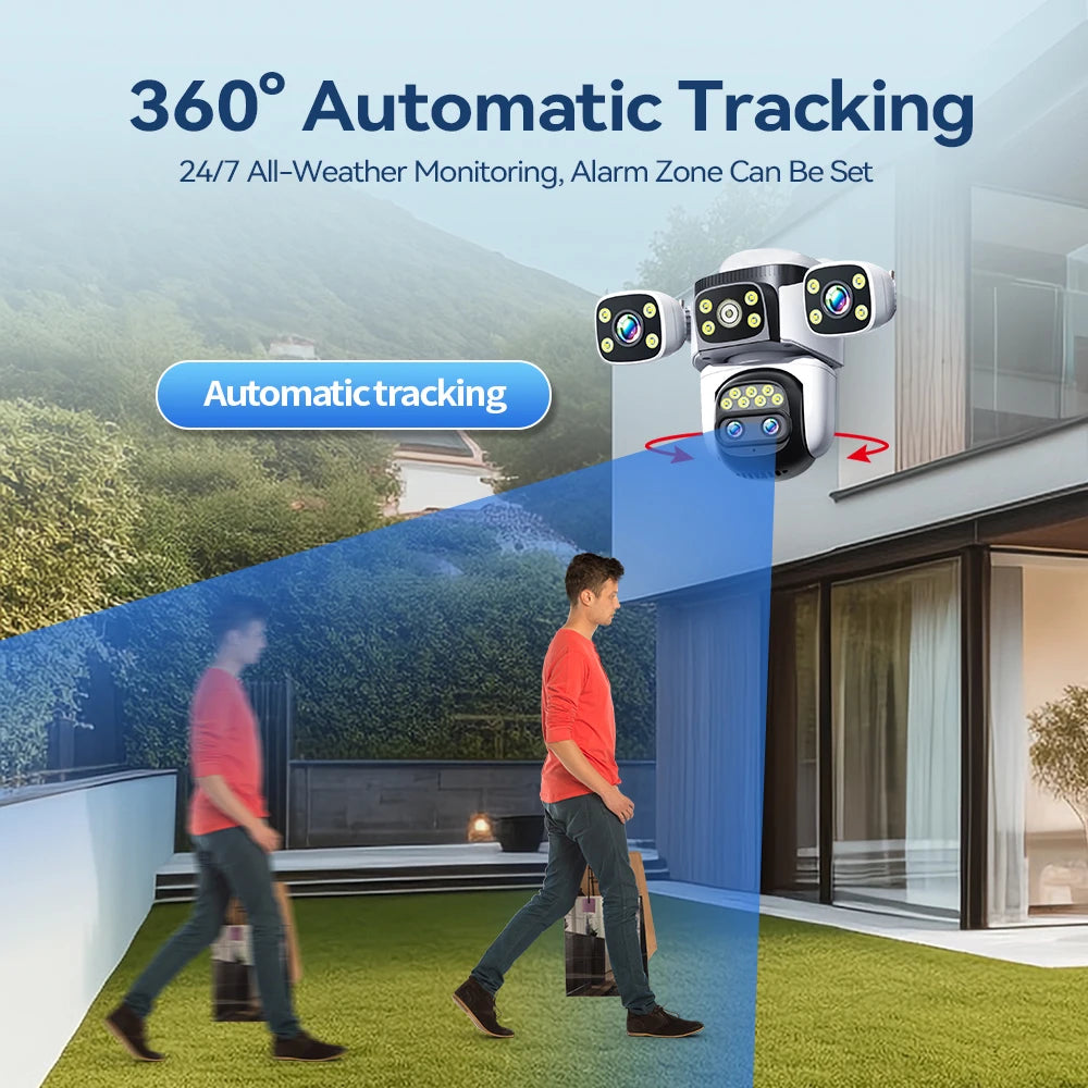 4K 10x Optical Zoom WIFI Camera 8MP Outdoor Four Lens Four Screens PTZ Camera AI Auto Tracking Video Surveillance Support WIFI 6