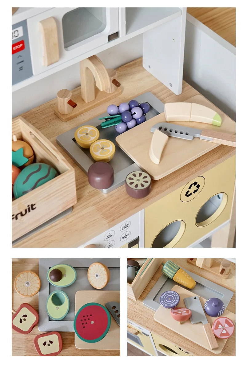 Wooden Pretend Play Kitchen Toys Cutting Food Accessories Set Fruit Vegetable Bakery Meat fish Early Educational Cognition Toys