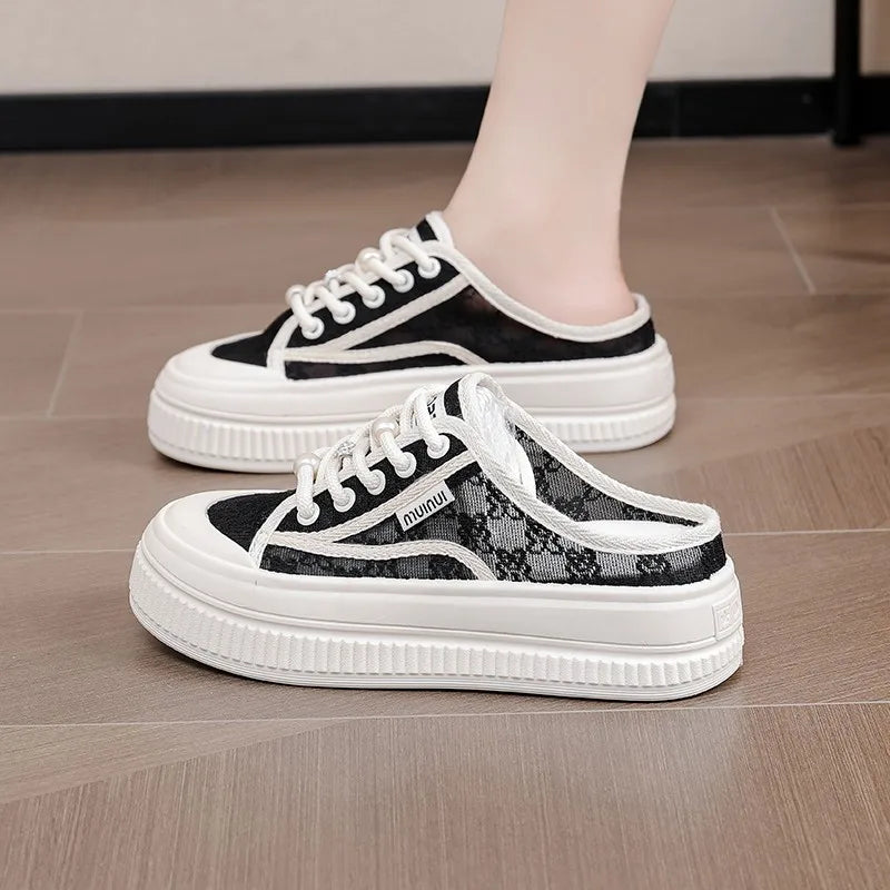 Women Slippers Outdooor Mesh Breathable Lace Up Thick Sole Sandals Wear Resistant Non-slip Fashion Causal Versatile 2024