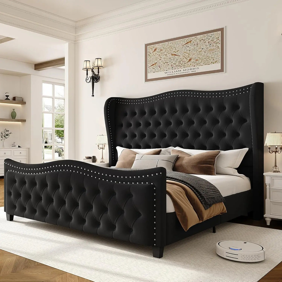 Queen Bed Frame, 55" Headboard Upholstered Bed with Tall Footbaord, Velvet Handmade Pleats Deep Button Tufted Wingback P