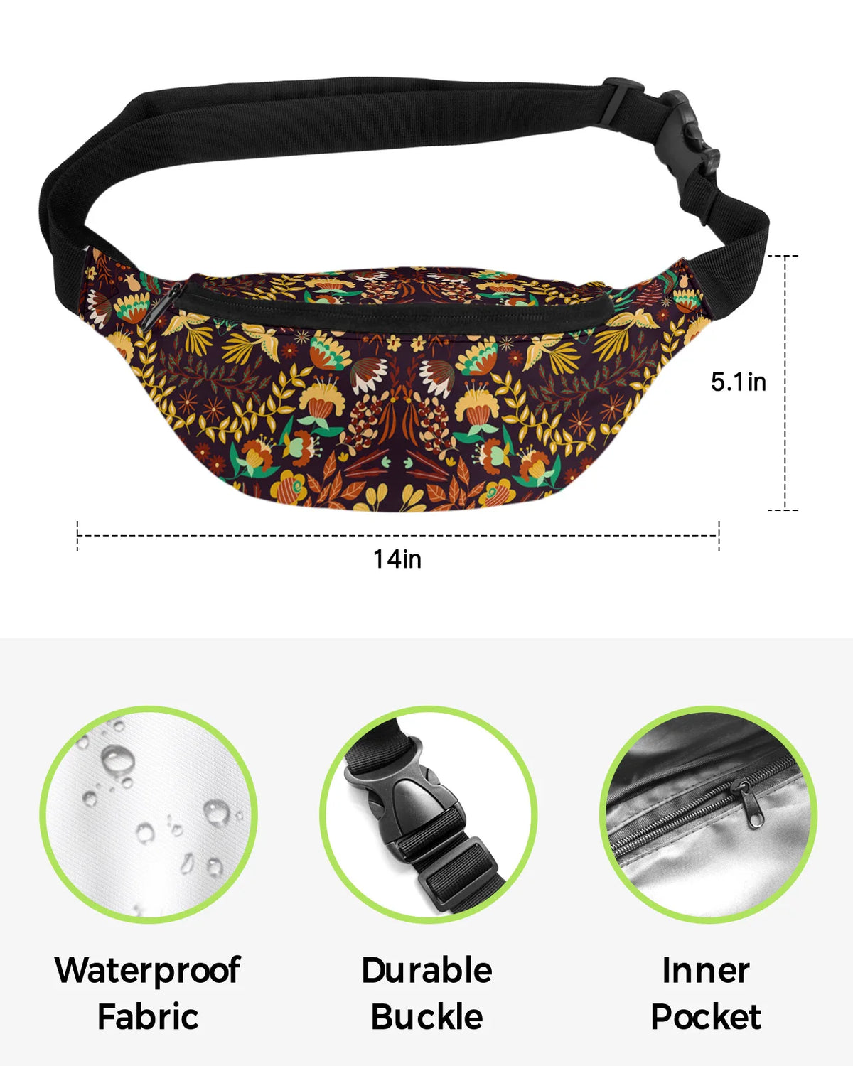 Colorful Mexico Flower Bird Men Women Waist Bag Fanny Pack Purse Large Phone Belt Bag Wallet Pouch Waterproof Banana Hip Bags