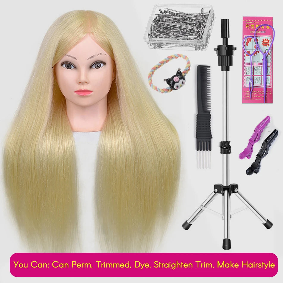 New Female Mannequin Training Doll Head With 80% Real Hair For Hairsyles Hairdressing Cosmetology Dolls Head With Stand Tripod