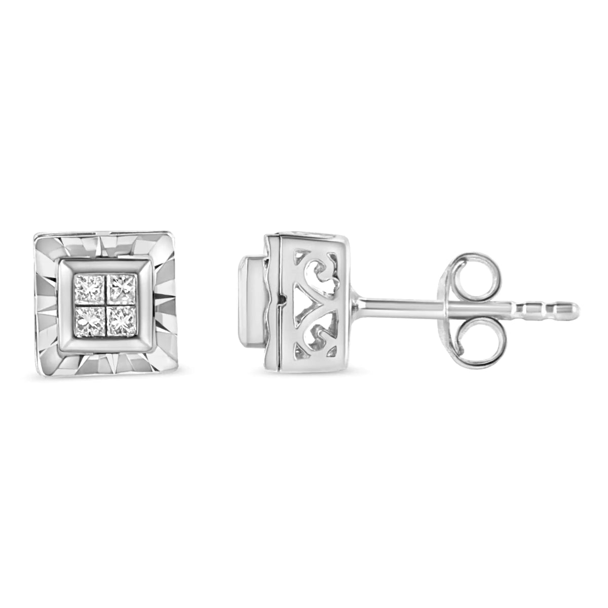 Aros de diamantes de talla princesa de 1/6 ct en plata de ley 925 con cuatro diamantes de talla princesa (color HI, claridad I1-I2)