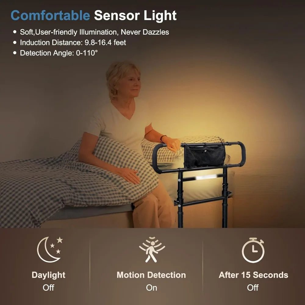 Adjustable Bed Rails for Elderly Adults Safety with Motion Light,Foldable Heavy Duty Bed Rail with Extended Grab Bar,Pouch Bag