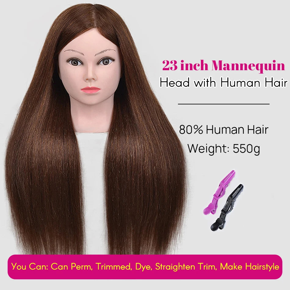 New Female Mannequin Training Doll Head With 80% Real Hair For Hairsyles Hairdressing Cosmetology Dolls Head With Stand Tripod