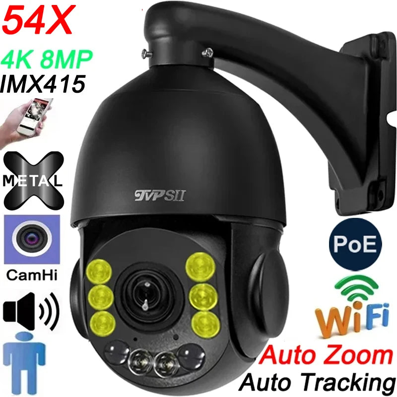 Max.256G Full Color Auto Tracking CamHi H.265+ 8MP 4K IMX415 54X Optical Zoom Audio Alarm WIFI POE PTZ 2 in 1 IP Security Camera