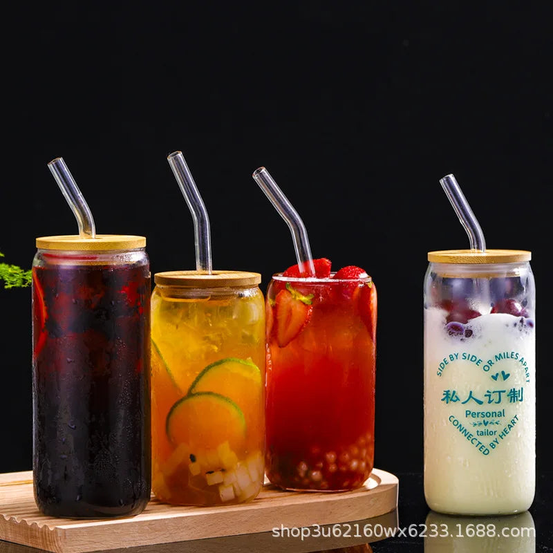 Cola Can with Bamboo Lid, Glass Beverage Juice Cup with Straw