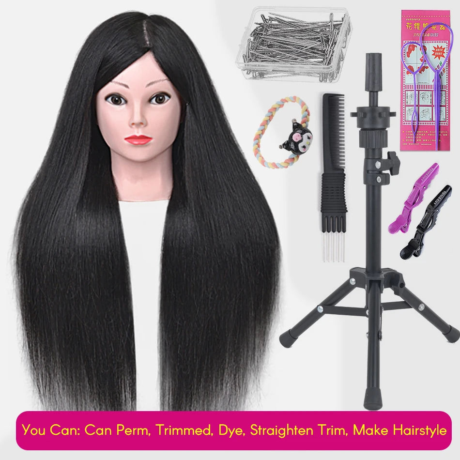 New Female Mannequin Training Doll Head With 80% Real Hair For Hairsyles Hairdressing Cosmetology Dolls Head With Stand Tripod