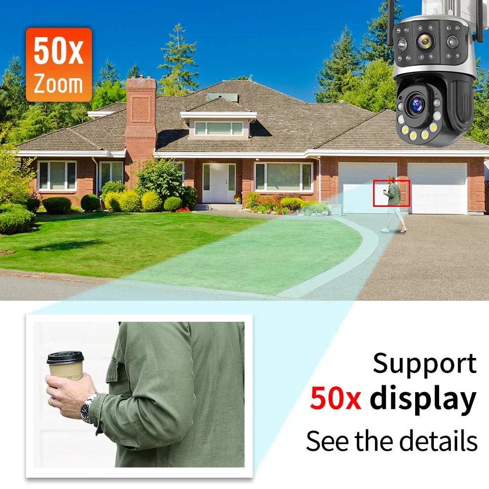 8MP Outdoor Wifi 50X Optical Zoom PTZ Camera Dual Screen Auto Tracking IP Video Surveillance Camera CCTV Two Way Audio ICSEE