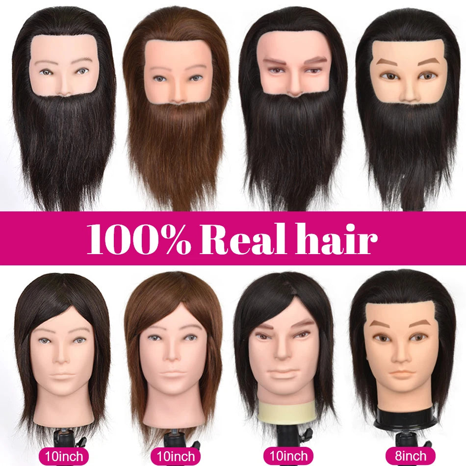 100% Human Hair Male Mannequin Head With Hair Beard Practice Manikin Hairdresser Cosmetology Training Doll Head For Hair Styling