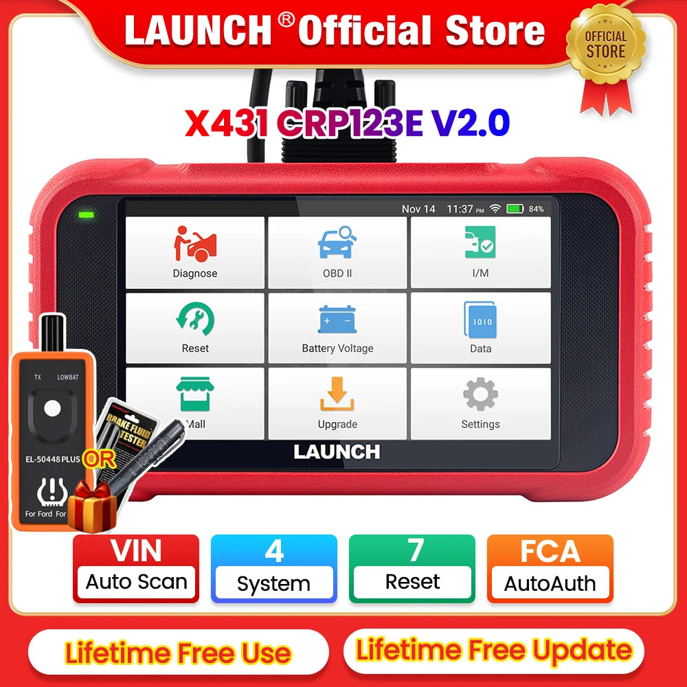2024 New- LAUNCH X431 CRP123E V2.0 Car OBD2 Diagnostic Tools Auto OBD Scanner ABS SRS Engine AT+ 7 Reset Service Free Update