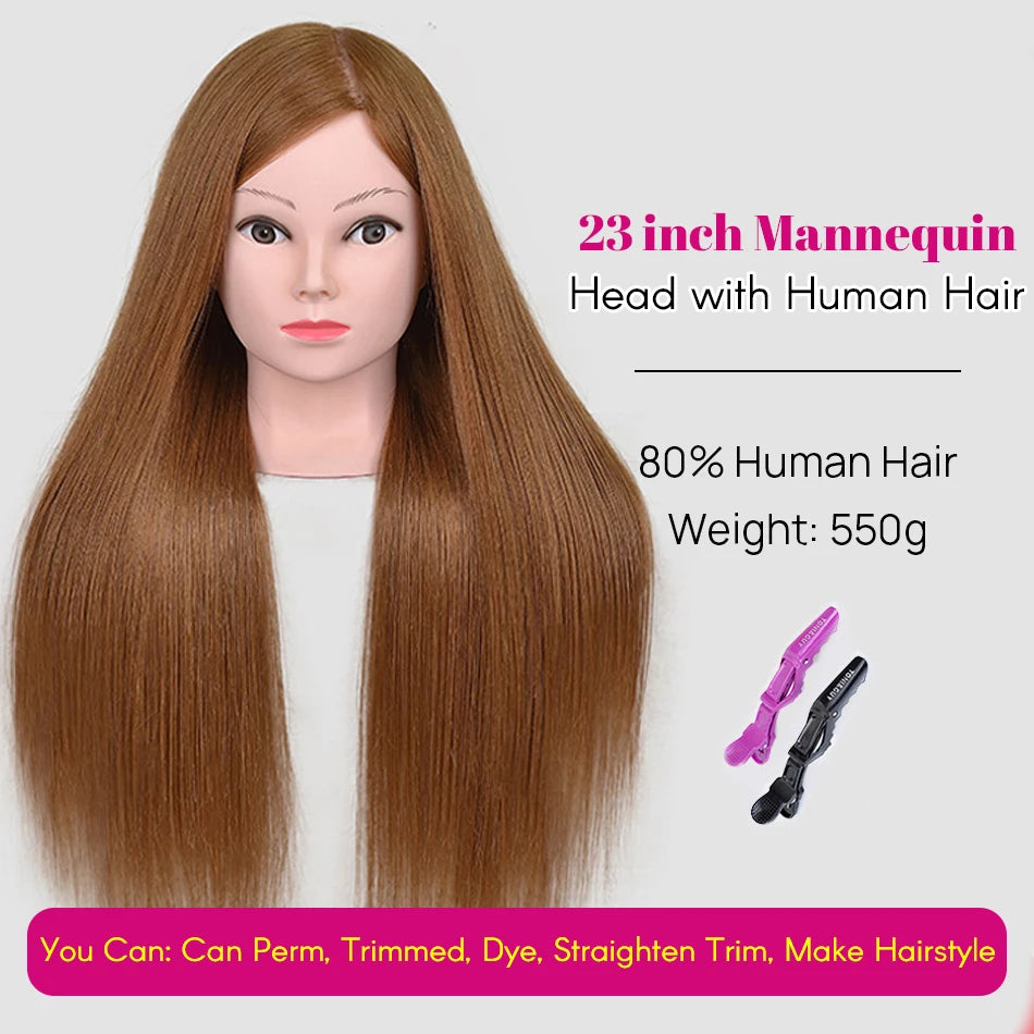 New Female Mannequin Training Doll Head With 80% Real Hair For Hairsyles Hairdressing Cosmetology Dolls Head With Stand Tripod
