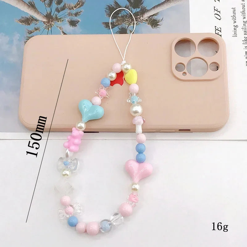 2024 Acrylic Flower Cat Head Beads Charm Phone Chain Lanyard Jewelry for Women Phone Case Strap Butterfly LOVE Letter Accessory
