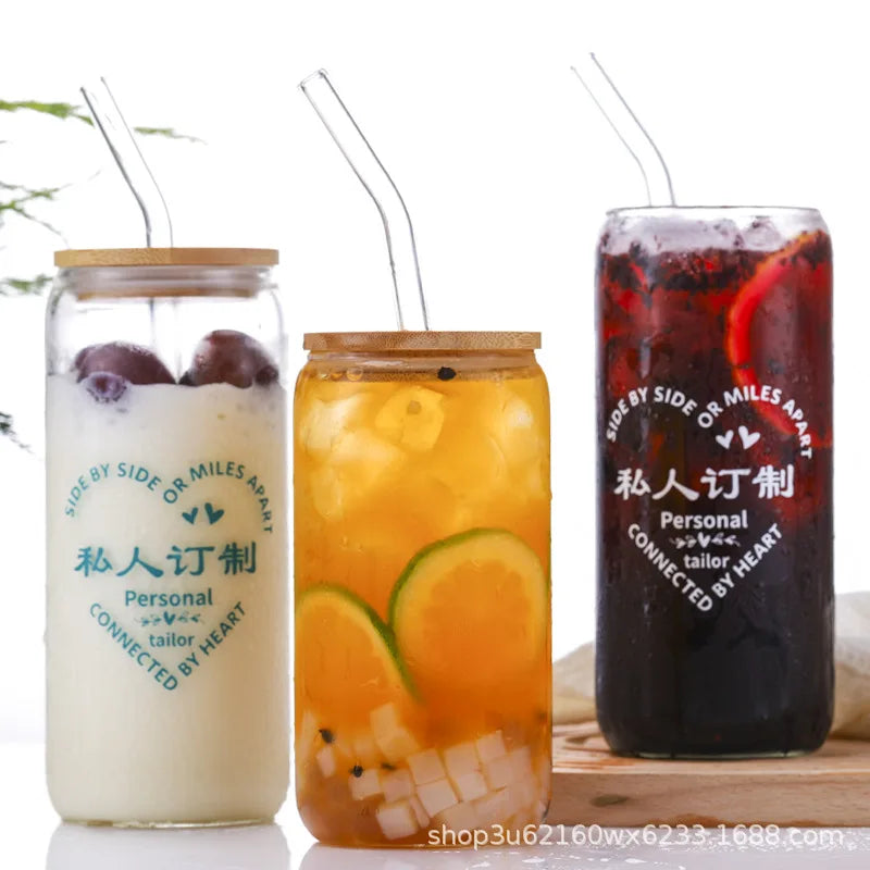 Cola Can with Bamboo Lid, Glass Beverage Juice Cup with Straw