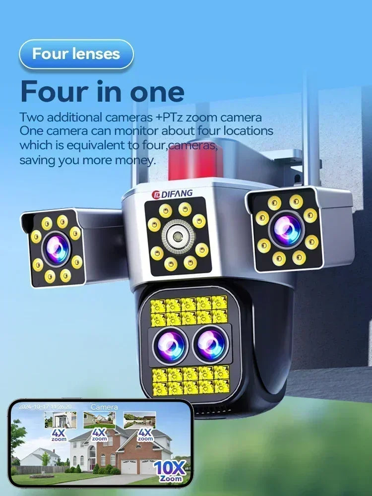 Outdoor Four Screen 10K WiFi Camera Four Lens 10X Optics Zoom 20MP Video Surveillance Auto Tracking Home Security Camera CCTV