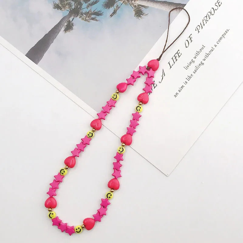 2023 Pink Acrylic Heart Cellphone Chain Lanyard Jewelry for Women Vintage Devil Eye Flower Charm Phone Case Strap Accessories