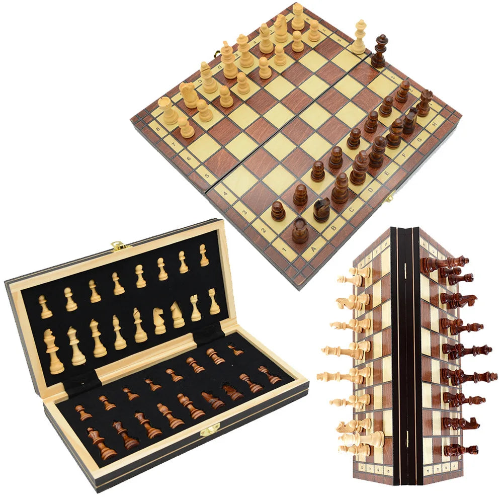 Magnetic Chess, Checkers and Backgammon Set, Extra Queens, Wooden Portable and Foldable Board Game for Adult, Travel Game Set