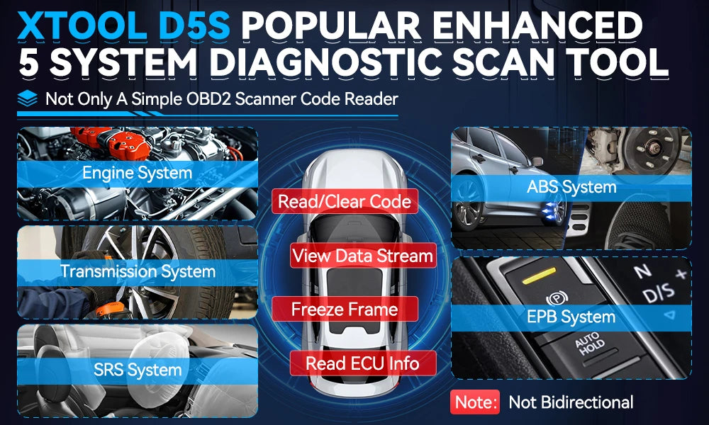 XTOOL D5S Car Diagnostic Tool Gearbox ABS EPB SRS Engine System Scanner 15 Resets Service OBD2 Scanner All Function Free Update