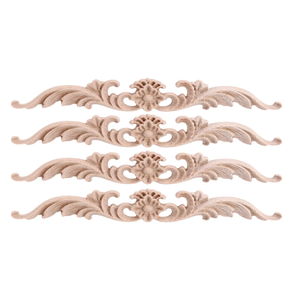 4Pcs Wood Appliques and Onlays, Unpainted DIY Decorative Wood Carved Onlay Appliques for Bed Door Cabinet Wardrobe